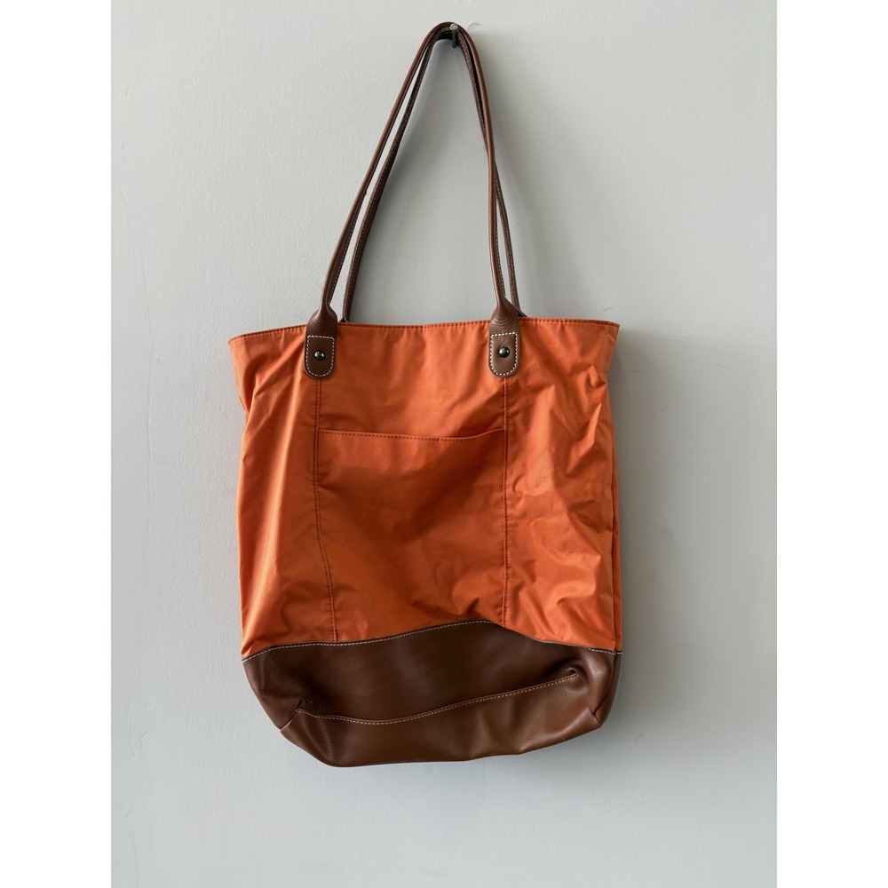 Wilsons‎ Leather Tote Bag Womens Large Orange Nylon Brown Trim Floral Lining
